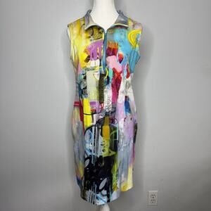 Dolcezza Simply Art Sleeveless Abstract Zip Front Midi Dress Multicolor